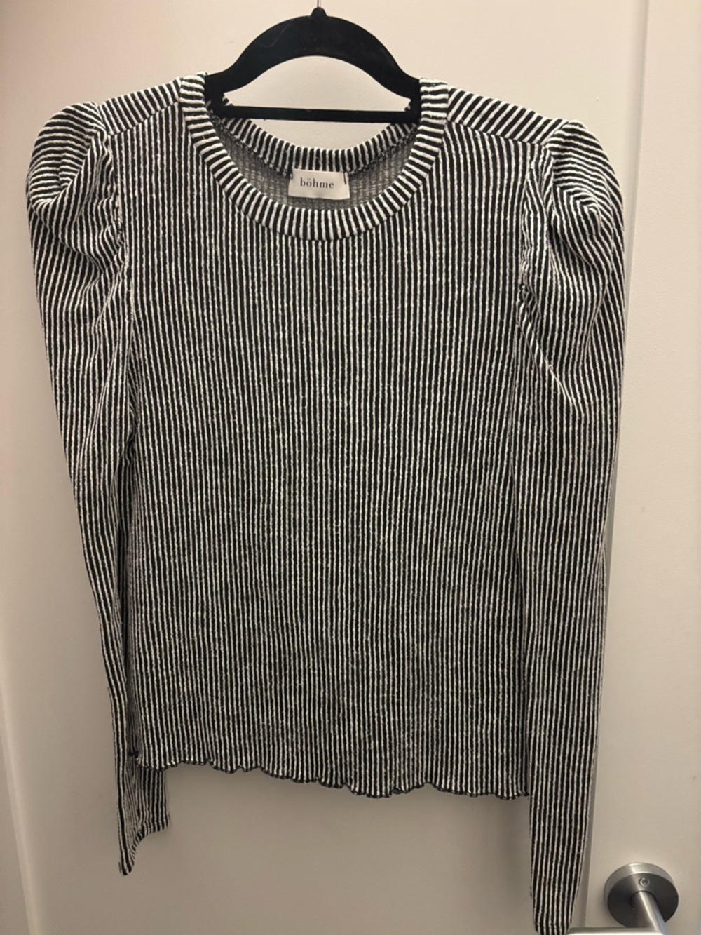 bohme Black and White Striped Puff-Sleeve Long Sleeve Top